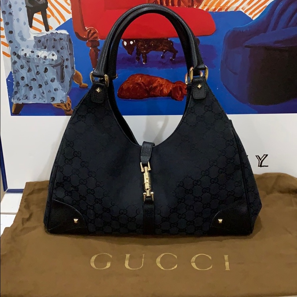 💯 Authentic Gucci Black GG Canvas Jackie Hobo Bag